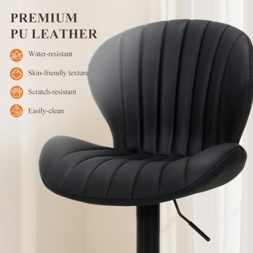 COLAMY Bar Stools Set of 2,Swivel Adjustable Height Leather Bar Chair,Black