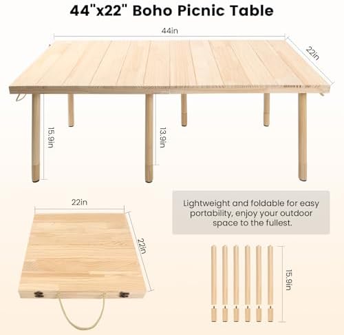 44" x 22" Boho Low Picnic Table, Folding Solid Wood Construction