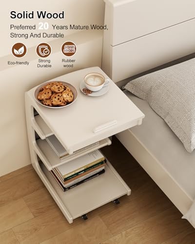 AQIMUELE Wooden C-Shaped End Table,Couch Desk with 2 Lockable Wheels,4-Tier Couch Table with Storage Bag,Small Rolling Side Table Tv Trays for Couch, Living Room,Bedroom (White)
