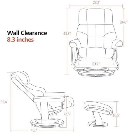 MCombo Manual Swivel Recliner with Ottoman, Reclining Chair with Vibration Massage for Small Spaces, Living Room, Office, Faux Leather 9068 (Dark Brown)