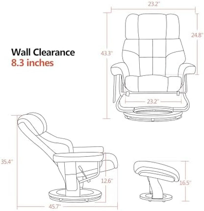 MCombo Manual Swivel Recliner with Ottoman, Reclining Chair with Vibration Massage for Small Spaces, Living Room, Office, Faux Leather 9068 (Dark Brown)