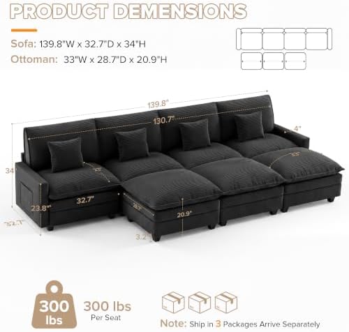 140" Oversized Modular Sectional Sofa, U Shaped Cloud Couches with Ottomans