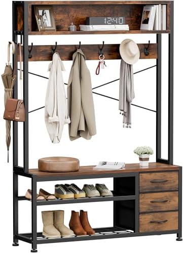 Hall Tree with Bench and Hooks, 39.4" Shoe and Coat Rack Entryway Organizer