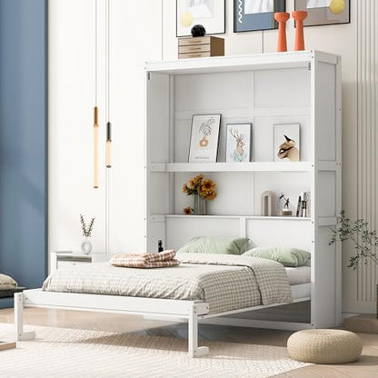 Ball & Cast Full Size Murphy Bed Wall Bed with Shelves and Mattress Holder,Wood Hideaway Cabinet Chest w/Slat Support,can be Folded,for Small Room,Dorms,White