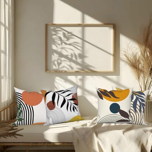 4 Pcs/Set Abstract Line Throw Pillow Covers Boho Sun Moon Arch Botanical Leaves Geometric Lines Plants Linen Throw Cushion Cases for Couch Sofa Bedroom Decorative, 22"x22"