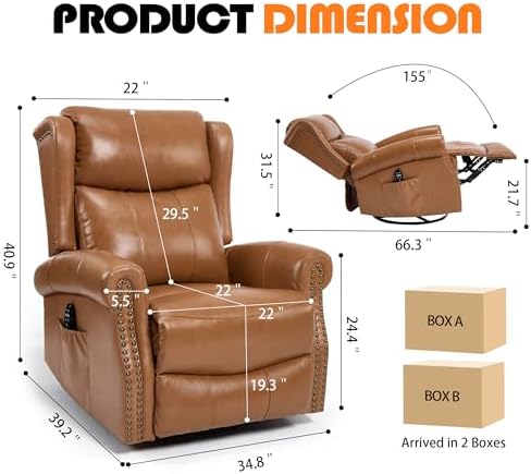 Genuine Leather Recliner Chair for Adults, Manual Swivel Rocker Glider Rocking Chair with Vibration Massage Lumbar Heat for Nursery, Rivet Design Single Sofa Chair for Living Room - Caramel Brown