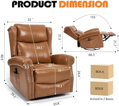 Genuine Leather Recliner Chair for Adults, Manual Swivel Rocker Glider Rocking Chair with Vibration Massage Lumbar Heat for Nursery, Rivet Design Single Sofa Chair for Living Room - Caramel Brown