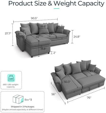 LINSY HOME Sectional Couch with Pull Out Bed, Large Corduroy Modular Sleeper Sofa, Storage Chaise, Wide Armrest, 90" 3 Seats Sectional Couch for Living Room, Dark Grey