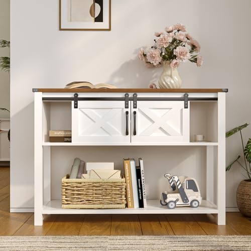 Farmhouse Entryway Table with LED Light, Sofa Table with Sliding Barn Door, Adjustable Open Shelves, 46" Rustic Console Table with Storage, Antique White Hallway for Living Room Bedroom