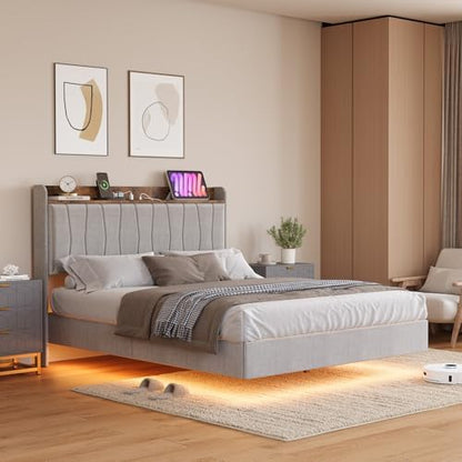 Floating Bed Frame King with Storage Headboard, LED Lights & USB Charging