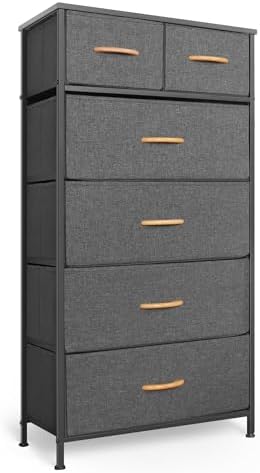 Mifuro Tall Dresser for Bedroom, Vertical Storage Organizer Tower with 6 Drawers, Chest of Drawers with Fabric Bins, Steel Frame, Wood Top for Bedroom, Closet, Entryway- Grey