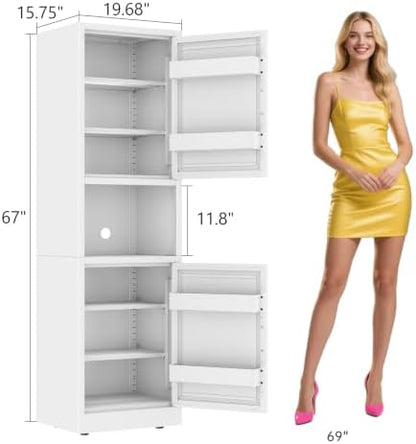 67" Tall Narrow Storage Cabinet, Metal Freestanding Pantry Cabinet with Adjustable Shelves, Multi Door Slim Organizer Fit for Microwave, Kitchen, Bathroom(White)