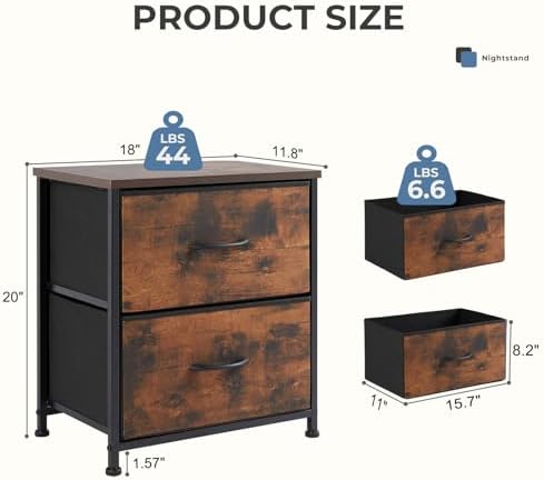 DUMOS Nightstand, Bedside Table for Bedroom, 2 Drawers Fabric Storage Chest