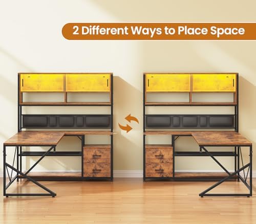 SEDETA L Shaped Office Desk with Storage Shelves, 2 Drawer, LED Light