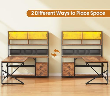 SEDETA L Shaped Office Desk with Storage Shelves, 2 Drawer, LED Light