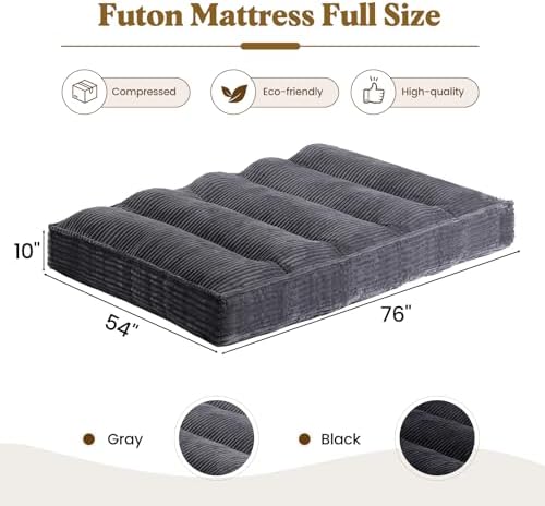 10" Futon Mattress Full Size, Ultra Thick Futons Sofa Couch Bed Sleeper Sofa Bed, Versatile Floor Futons Japanese Floor Mattress for Adults, Grey (Frame Not Included)