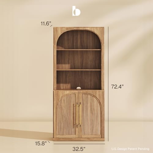 BELLEZE Storage Cabinet with Hutch Set of 2, 72" Tall Modern Wood Sideboard with 3-Tier Shelves, Curved Styling Door Cabinet Curio Cabinet for Office, Study, Kitchen, Living Room, Camel