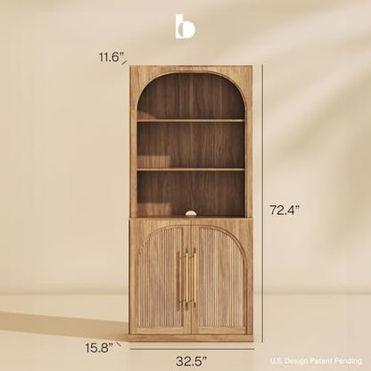 BELLEZE Storage Cabinet with Hutch Set of 2, 72" Tall Modern Wood Sideboard with 3-Tier Shelves, Curved Styling Door Cabinet Curio Cabinet for Office, Study, Kitchen, Living Room, Camel