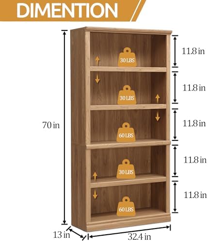 blini 5-Shelf Tall Bookcase Wooden Bookshelves 33in Wide Floor Standing Display Storage Book Shelves 70 in Oak Bookcase for Home Office, Living Room, Bed Room