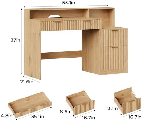 Vabches Fluted Computer Desk with Power Outlets, Home Office Desk with Drawers, Printer Stand, Wood Computer Desk with Long Monitor Stand, Oak