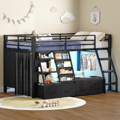 MSmask Low Loft Bed Twin with 7 Storage Drawers & Reading Nook, Black