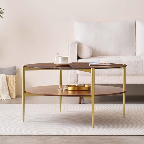 Extra Large Round Coffee Table, Mid-Century Modern Design, D34 x H17 in, for Living Room, 2-Tier Structure, Amber Glass Top and Walnut MDF Shelf, Sleek Conical Metal Legs with Gold Finish