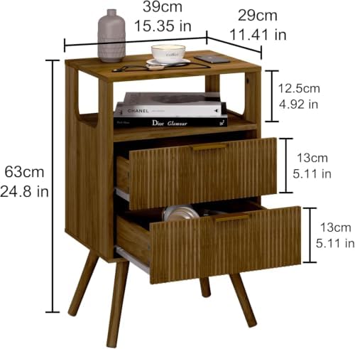Leomonio Fluted Nightstand, Modern Night Stand with 2 Drawer and Open Shelf