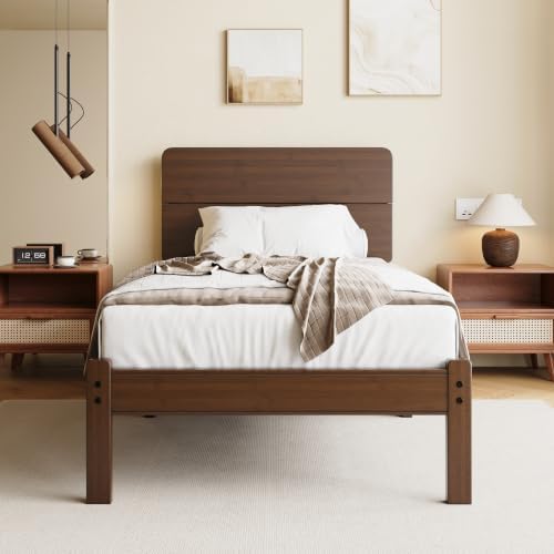 14" Solid Bamboo Wood Twin Platform Bed Frame with Headboard