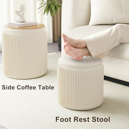 Round Ottoman with Storage Set of 2, White Vanity Stool, Upholstered Velvet Storage Ottomans, Makeup Chair Seat for Bedroom, Small Pouf Footstool for Living Room