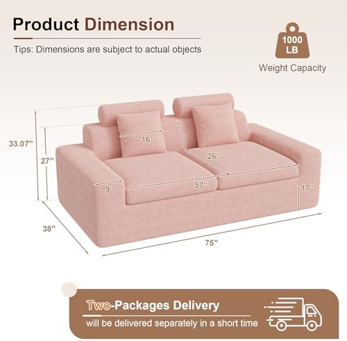 Luxanimarion 75'' Small Boneless Cloud Loveseat Sofa Set 2, No Assembly Required Couches Includes 4 pcs Pillows for Apartment, Living Room, Bedroom(Adjustable Headrest)