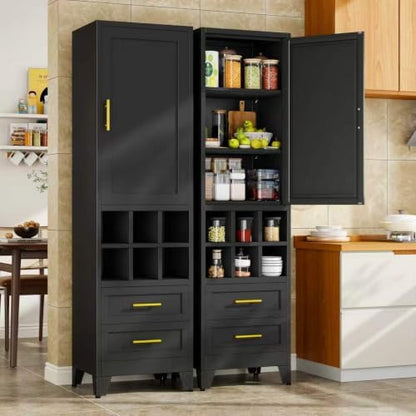 Tall Narrow Storage Cabinet with Door, Drawers & Wine Rack, Freestanding Black Pantry Cupboard with Golden Handles, Modern Display Cabinet for Kitchen Living Room