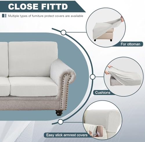 UNBBRRL Seat Cushion Cover and Back Covers for Corner Sofa Stretch Jacquard, Non Slip L Shaped Sofa Slipcover with Storage Ottoman, Sectional Couch Cover for Chaise Lounge (White,47 x 47 x 6”)