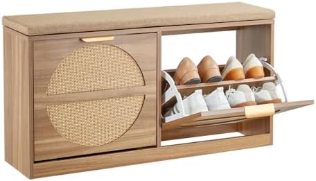 VEVOR Entryway Shoe Storage Bench 38.9" Wide 2-Tier Shoe Bench Rattan
