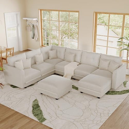LLappuil Modular Storage Sectional Sofa with Ottoman, U Shaped 8-Seat Corduroy Couch with 7 Throw Pillows, Convertible Sofa Set for Living Room, Skin-Friendly & Soft, Scratch Resistant, Beige