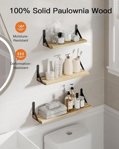 Amada Solid Paulownia Wood Wall Shelves, Medium Size, 6 Pcs, Natural Wood