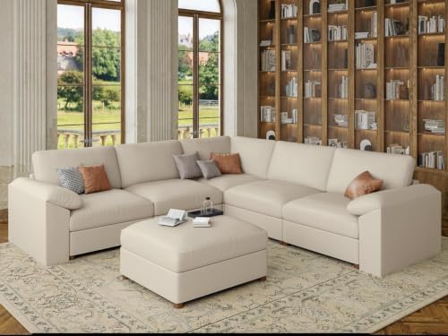 EASE MOOSE Faux Leather Sectional Couch, Modular Sofa, Beige