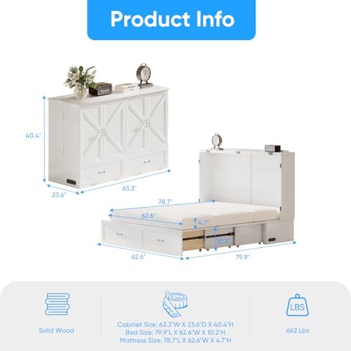 PUREMIND Queen Murphy Bed Cabinet, Bedroom Cabinet Beds with USB Charging Station, Murphy Chest Bed with Storage Drawers, Horizontal Wallbed for Guest Room White