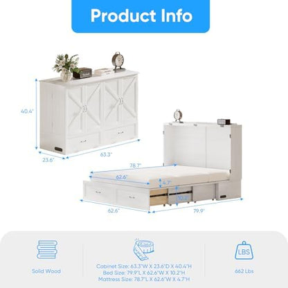 PUREMIND Queen Murphy Bed Cabinet, Bedroom Cabinet Beds with USB Charging Station, Murphy Chest Bed with Storage Drawers, Horizontal Wallbed for Guest Room White