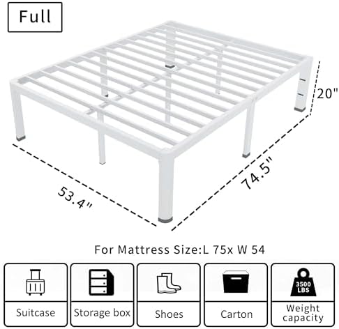 ROIL 20 Inch White Full Bed Frame with Rounded Corner & 4 Mattress Baffles