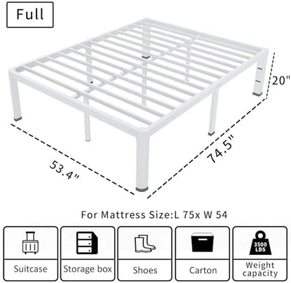 ROIL 20 Inch White Full Bed Frame with Rounded Corner & 4 Mattress Baffles