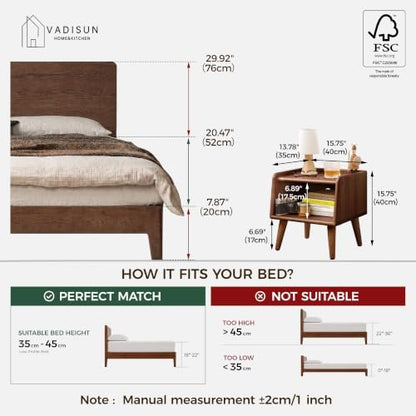 Solid Wood Nightstand, Mid Century Modern Night Stand, Wood Side Table, Small Bedside Table with Open Shelf, Low Nightstand, Short Nightstands for Bedroom(Walnut, 15.75" H)