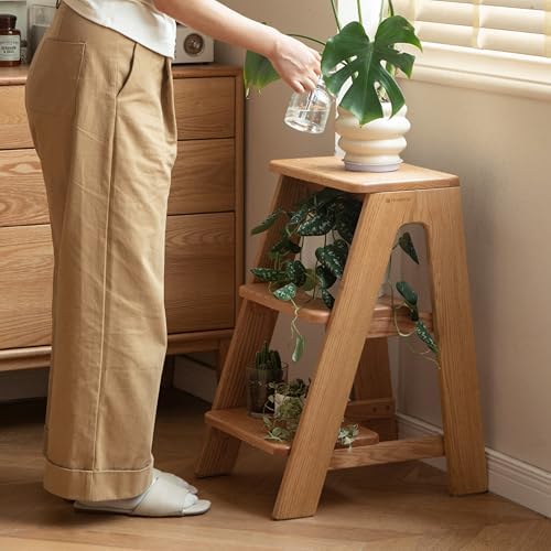 100% Solid Oak Wood 3 Step Stool, Multifunctional 3-Tier End Table Nightstand Plant Stand Counter Barstool Dining Stool for Living Room Bedroom Kitchen (Natural Oak, 3-Tier)
