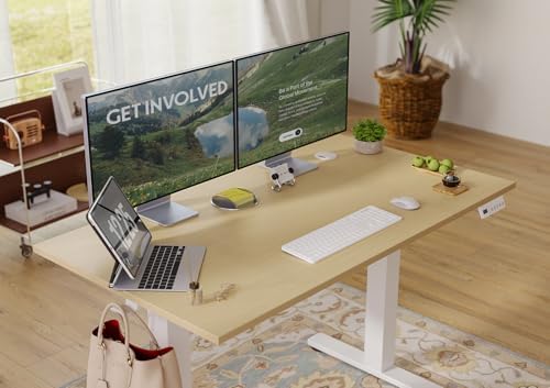 Seang Electric Standing Desk Adjustable Height, 55 x 24 Inch Sit Stand Desk with T-Shaped Frame, 3 Memory Presets & Cable Management for Home Office Computer Workstation, White Frame/Nature Top