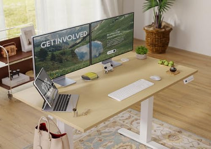 Seang Electric Standing Desk Adjustable Height, 55 x 24 Inch Sit Stand Desk with T-Shaped Frame, 3 Memory Presets & Cable Management for Home Office Computer Workstation, White Frame/Nature Top