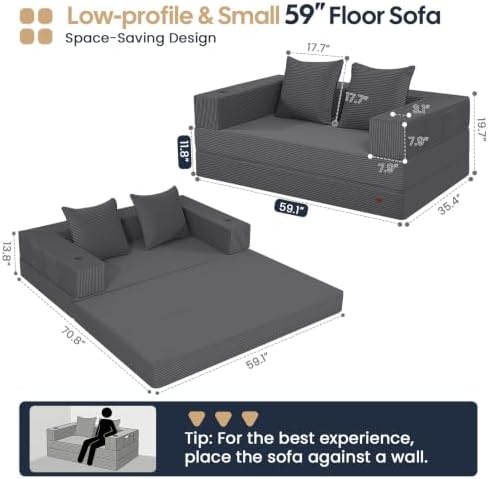 COMAX Boneless Futon Sofa Bed, 59" Small Low-Profile Floor Couch, Grey