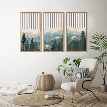 IARTTOP Large Mountain Wood Wall Art Framed Decor Set of 3, Modern Mountain Landscape Wall Art Nature Artwork Wall Decor for Bedroom, Living Room, Office-16 x32