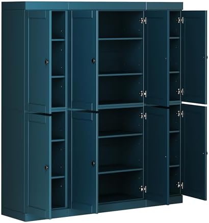 Palace Imports Solid Wood Kitchen Pantry Cabinet – 71.5" Tall x 65" Wide – Wooden Storage Cabinet with 8 Shaker Doors & 12 Adjustable Shelves – Teal Blue, 100% Eco-Friendly Wood, Made in Brazil