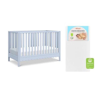 Davinci Sammy Scallop 4-in-1 Baby Crib & Mattress Bundle - Powder Blue | Low-Profile Crib Convertible to Toddler Bed, Daybed, Full Bed - Easy to Assemble - Includes Mattress w/ Waterproof Cover