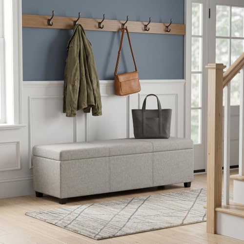 SIMPLIHOME Avalon 48" Wide Linen Look Fabric Storage Ottoman in Cloud Grey