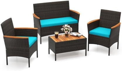 Tangkula 4 Pieces Patio Wicker Sofa Set, 2 Rattan Chairs & Loveseat w/Coffee Table, Acacia Wood Armrests & Tabletop, Outdoor Cushioned Conversation Set for Backyard, Poolside (Turquoise, 4 Pieces)